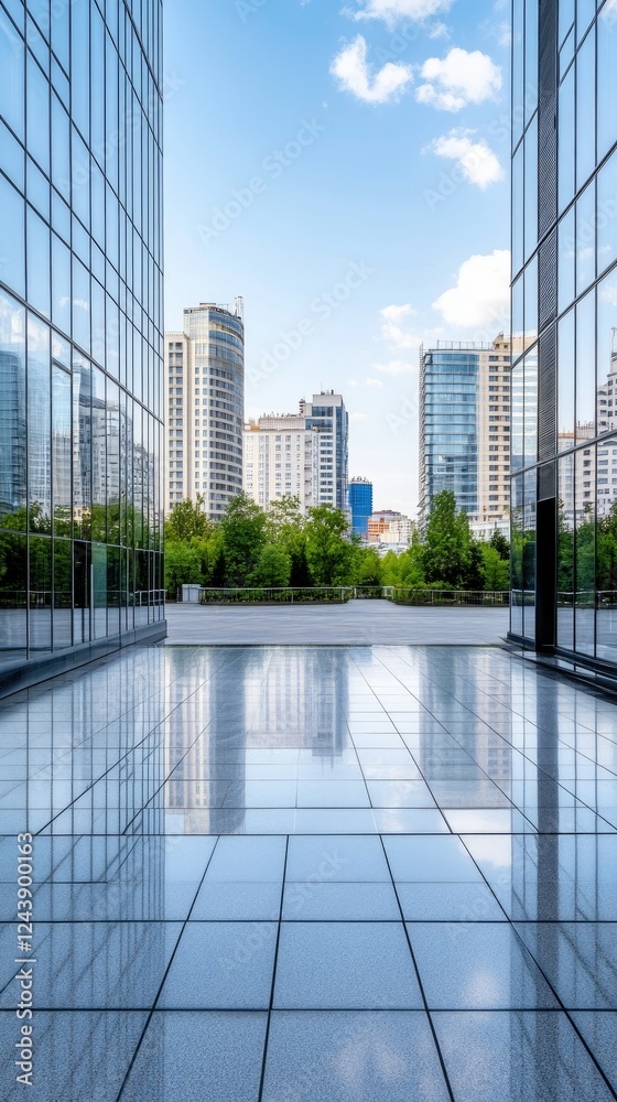 Obraz premium Modern city landscape showing glass buildings and greenery under a clear blue sky during daytime hours