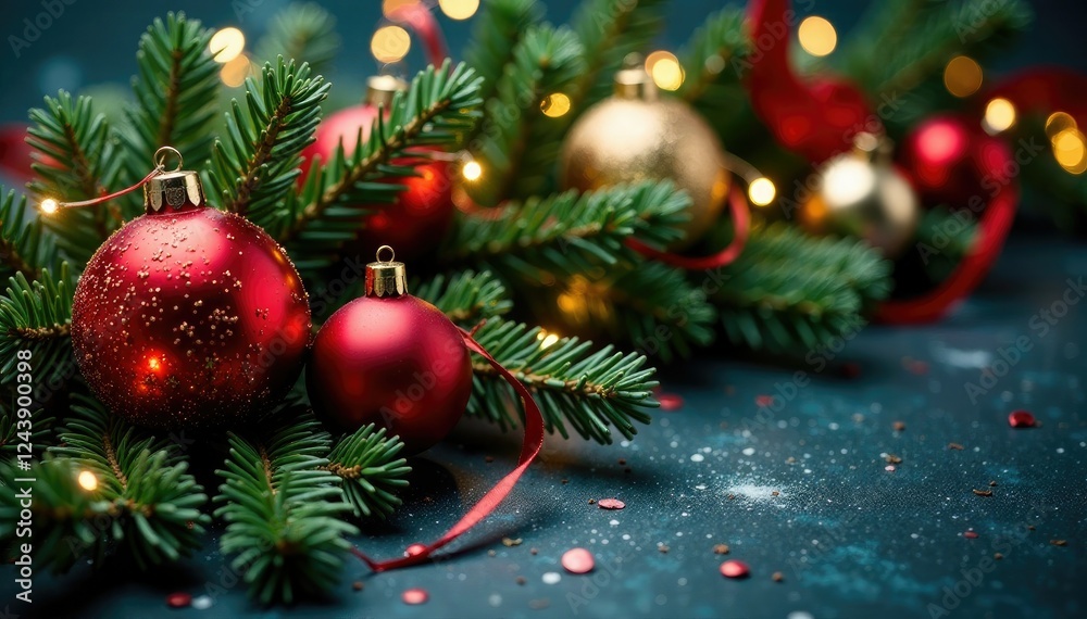 Fototapeta premium Sparkling ornaments and evergreen branches intertwined with ribbons, Christmas, winter, ribbon