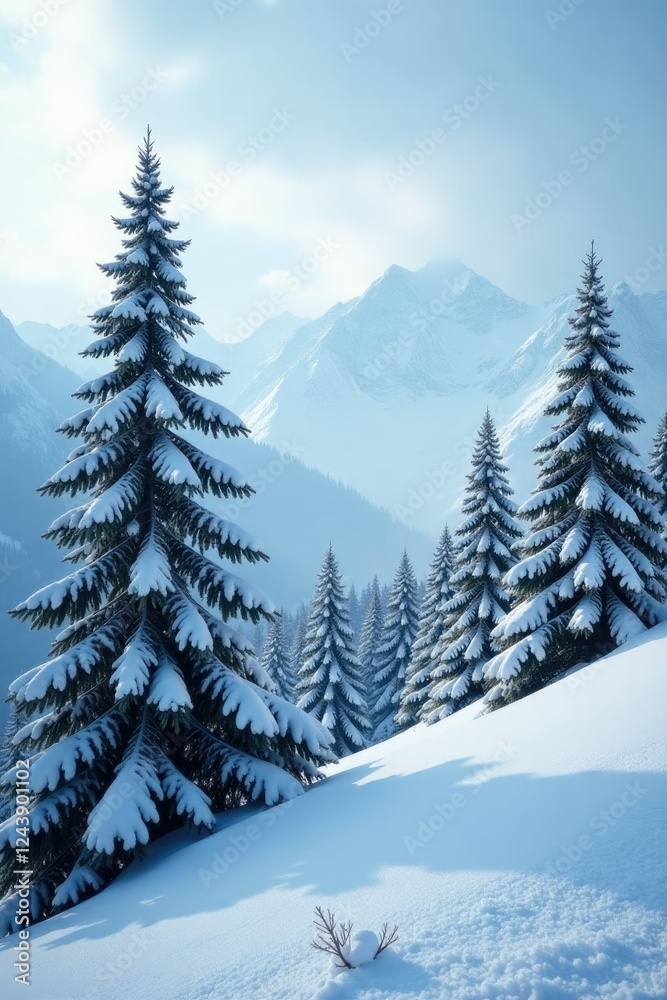 Fototapeta premium Spruce trees covered in snow create a serene and peaceful atmosphere on a mountain slope, peaceful, forest