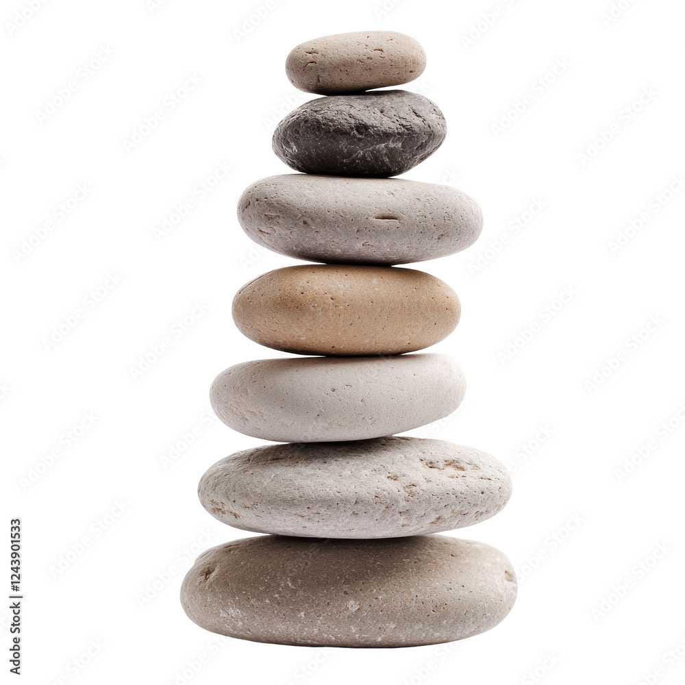 A serene stack of smooth stones balanced perfectly, symbolizing harmony and tranquility against a plain background A serene stack of smooth stones balanced perfectly, symbolizing harmony and tranquility against a plain background