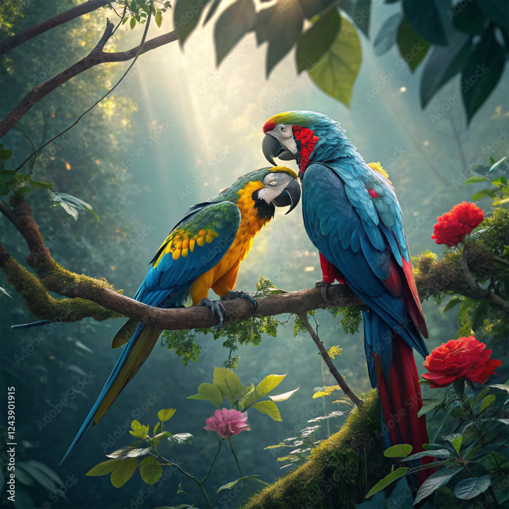 Obraz premium A couple of colored parrots sitting on the tree brunches 