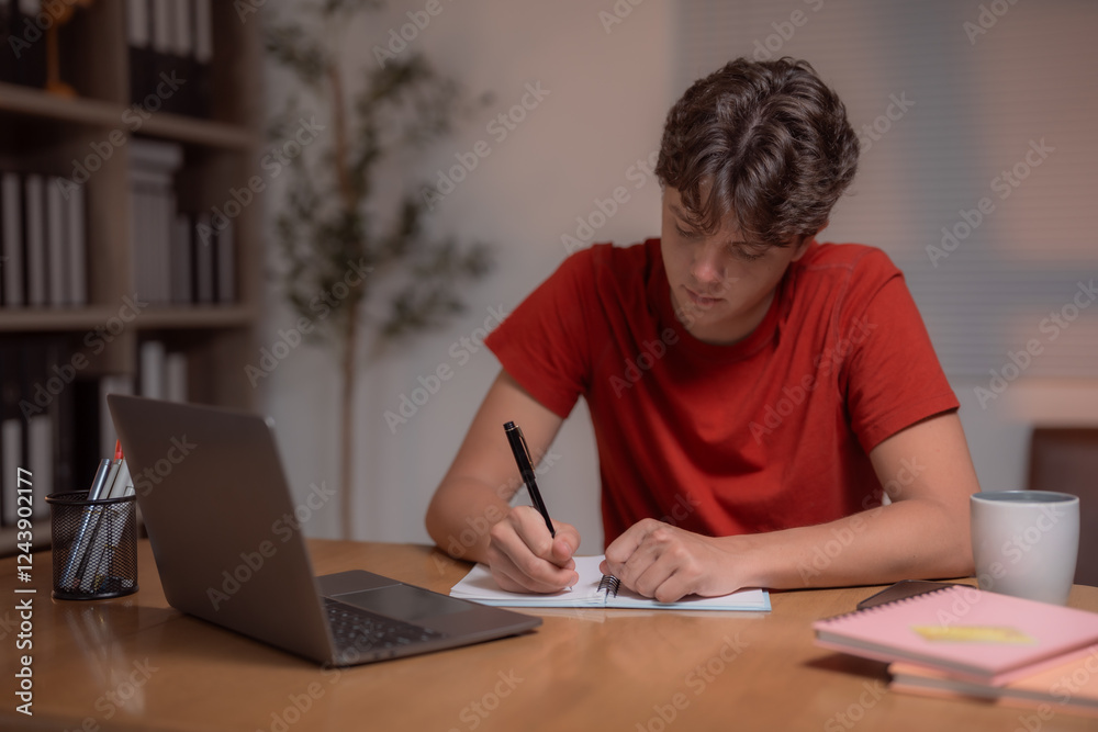 Concentrated teenager writing notes in a notebook while studying at home during the night, surrounded by a laptop and a steaming cup of coffee on the desk Concentrated teenager writing notes in a notebook while studying at home during the night, surrounded by a laptop and a steaming cup of coffee on the desk