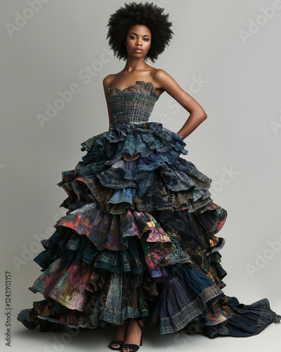 High fashion model in an avant-garde ruffled denim gown with vibrant patterns and textures