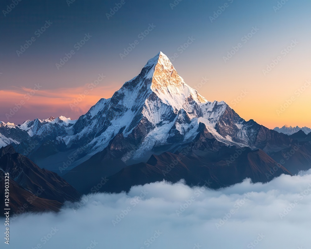 Obraz premium Majestic snowcapped mountain peaks under a vibrant sunrise, with mist rolling through deep valleys, cinematic landscape photography