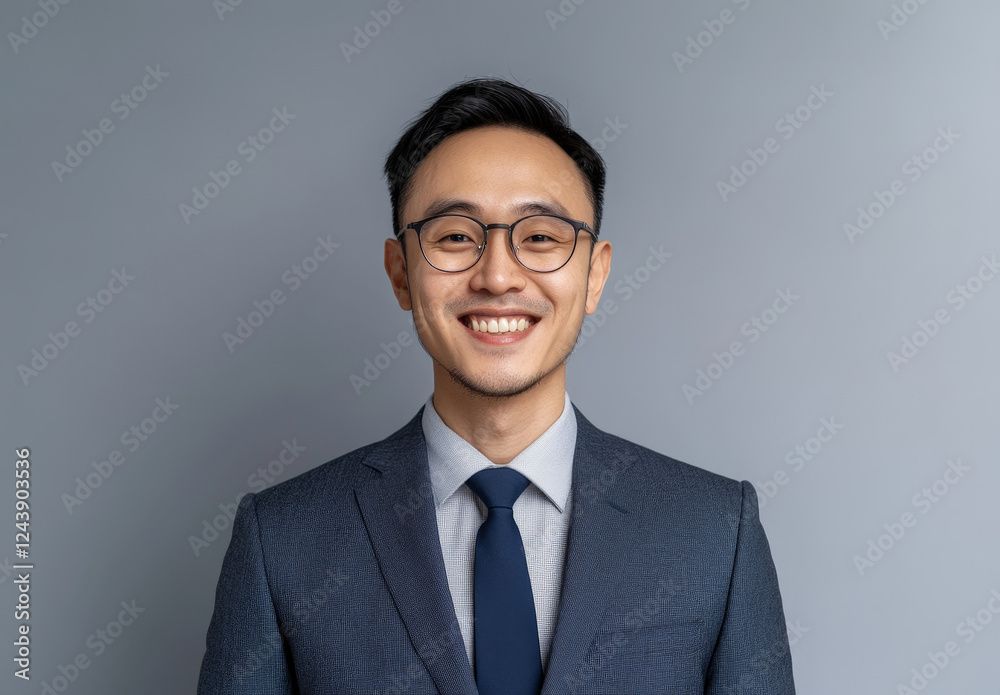 Professional corporate headshot of a young Asian businessman in a navy suit and tie against a gray background Professional corporate headshot of a young Asian businessman in a navy suit and tie against a gray background