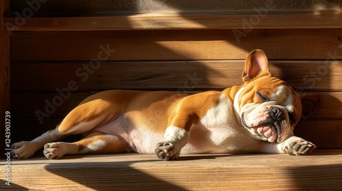 Calm Bulldog Napping in Sunlight on Wooden Steps, Exuding Peaceful and Courageous Vibes photo