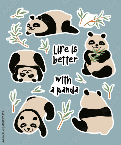 panda and bamboo sticker set. Flat, cartoon vector illustration