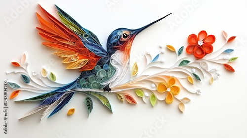 Paper quilling art of flowers, sunburst, geometric, night sky with swirling galaxies, underwater scene, hummingbird, owl, mandala design