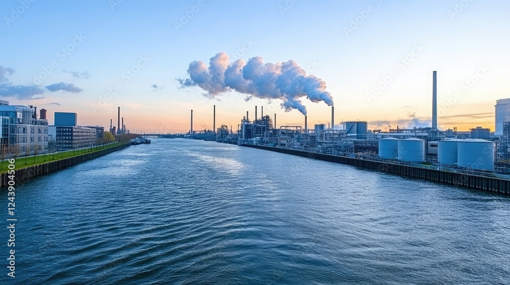 Fototapeta premium Industrial landscape along a river at sunset with smoke stacks and water reflections in an urban area