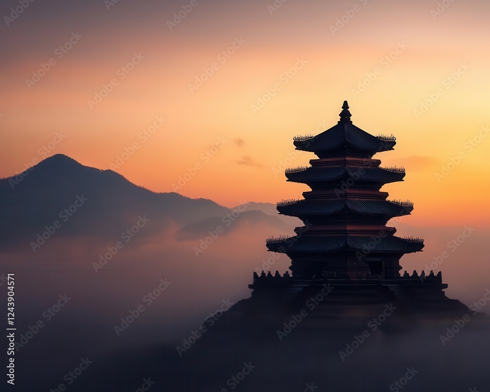 A sunrise illuminating an ancient mountain temple, shrouded in mist, mysterious and spiritual A sunrise illuminating an ancient mountain temple, shrouded in mist, mysterious and spiritual