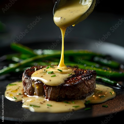 Gourmet Studio Shot of Filet Mignon with Creamy Bearnaise Sauce and Green Beans on Black Plate