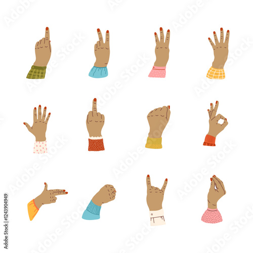 hand gestures set. Sign, expression pointing fingers, clenched fist, open, greeting palms, OK symbol