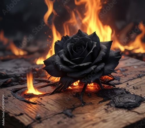 Charred wooden board with a single black rose blooming amidst flames within an intense fiery inferno , twisted, burnt