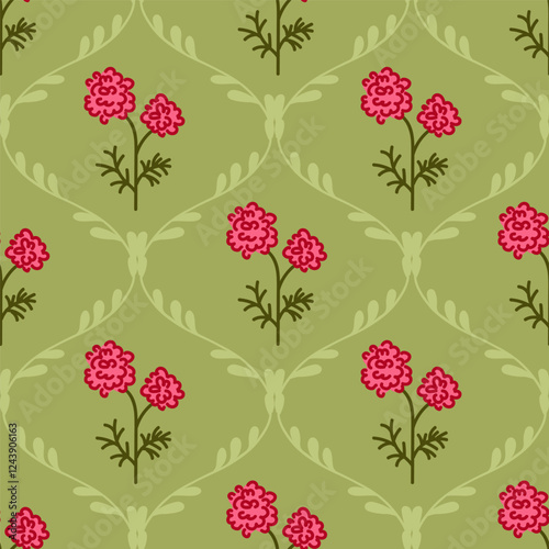 Vector coquette preppy marigold flowers trellis seamless grandmillennial pattern