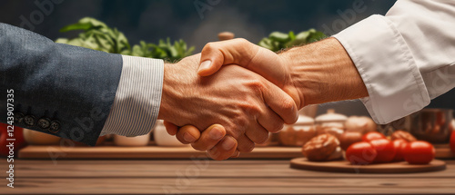 handshake between businessman and chef symbolizes partnership and collaboration in culinary industry