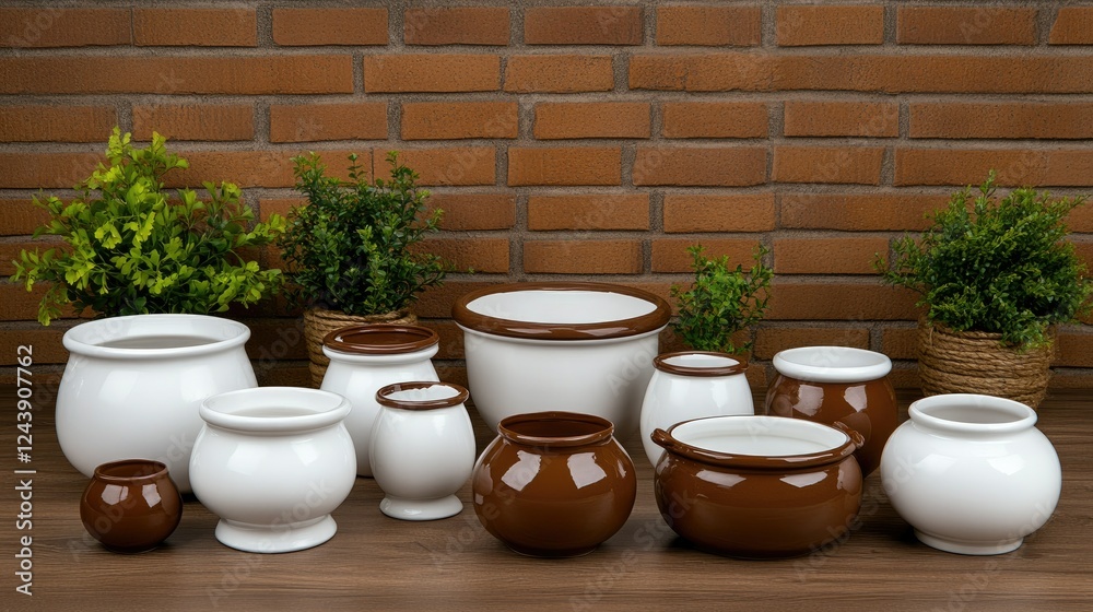 Fototapeta premium Collection of ceramic pots and planters in various sizes on a wooden table with a brick wall background