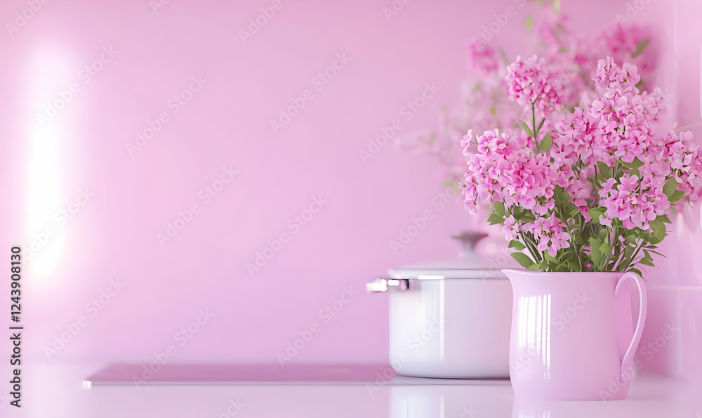 Fototapeta premium Fresh Pink Flowers in Elegant Kitchen with Soft Blush Background