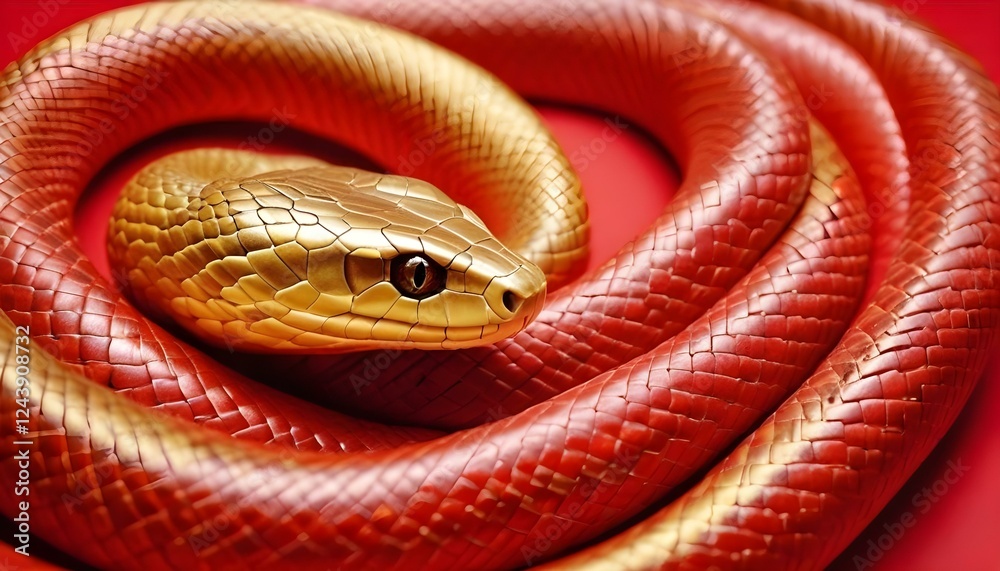 Fototapeta premium Una serpiente dorada enrollada sobre un fondo rojo