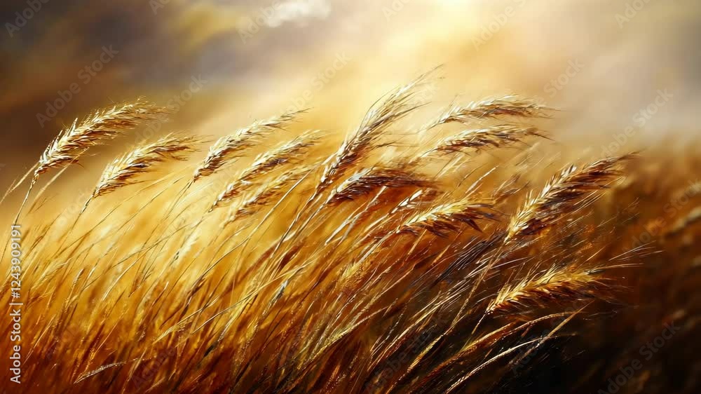 Golden wheat swaying gently in the warm sunlight during a serene afternoon in a countryside field