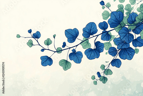 Blue and Green Floral Vine: A delicate and graceful vine of blue and green leaves, gracefully reaching upwards against a soft, textured background.