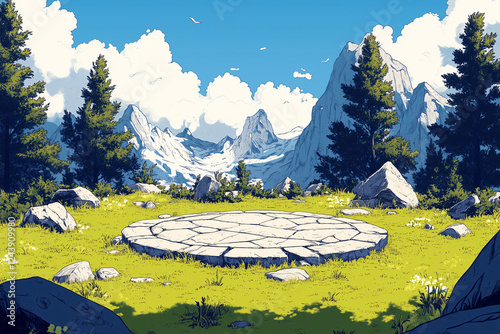 Mountaintop Arena: A digital painting of a circular stone platform nestled in a vibrant alpine meadow, framed by majestic snow-capped mountains under a bright, sunny sky. photo