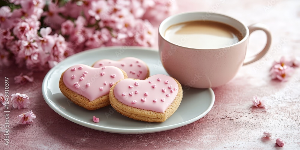 A cozy pink-themed setup featuring heart-shaped cookies, coffee, and fresh flowers. Ideal for Valentine's Day breakfast, romantic mornings, and cozy cafe aesthetics. A cozy pink-themed setup featuring heart-shaped cookies, coffee, and fresh flowers. Ideal for Valentine's Day breakfast, romantic mornings, and cozy cafe aesthetics.
