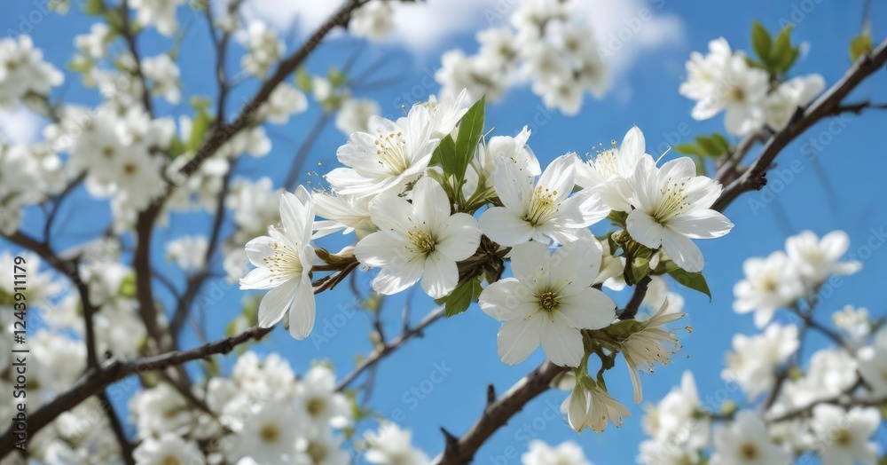White flowers on tree branches with blue sky in background, spring season, cherry trees, growing White flowers on tree branches with blue sky in background, spring season, cherry trees, growing