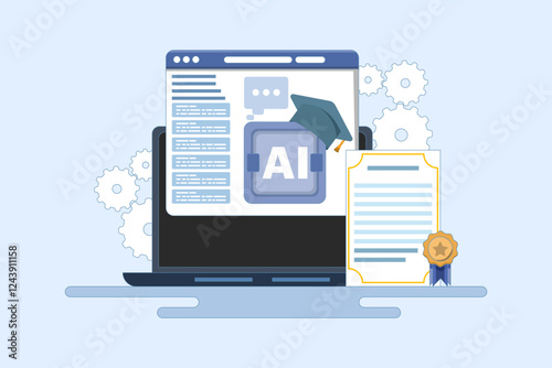 AI certification course concept, AI course, online certification, online education, artificial intelligence learning. vector illustration with icons on background.