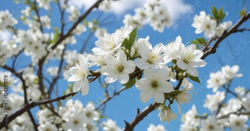 White flowers on tree branches with blue sky in background, spring season, cherry trees, growing