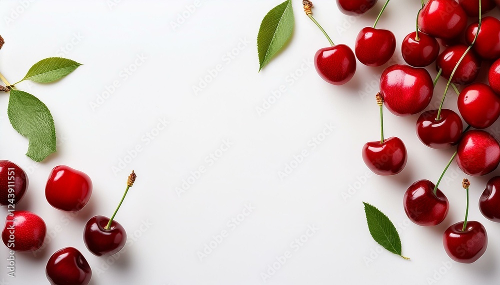 wide fruit background banner with cherries in white background at a side and blank copy space for texts wide fruit background banner with cherries in white background at a side and blank copy space for texts