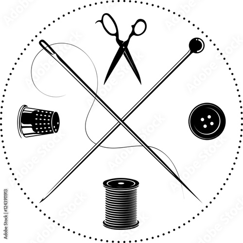 Round sign with needle and sewing accessories