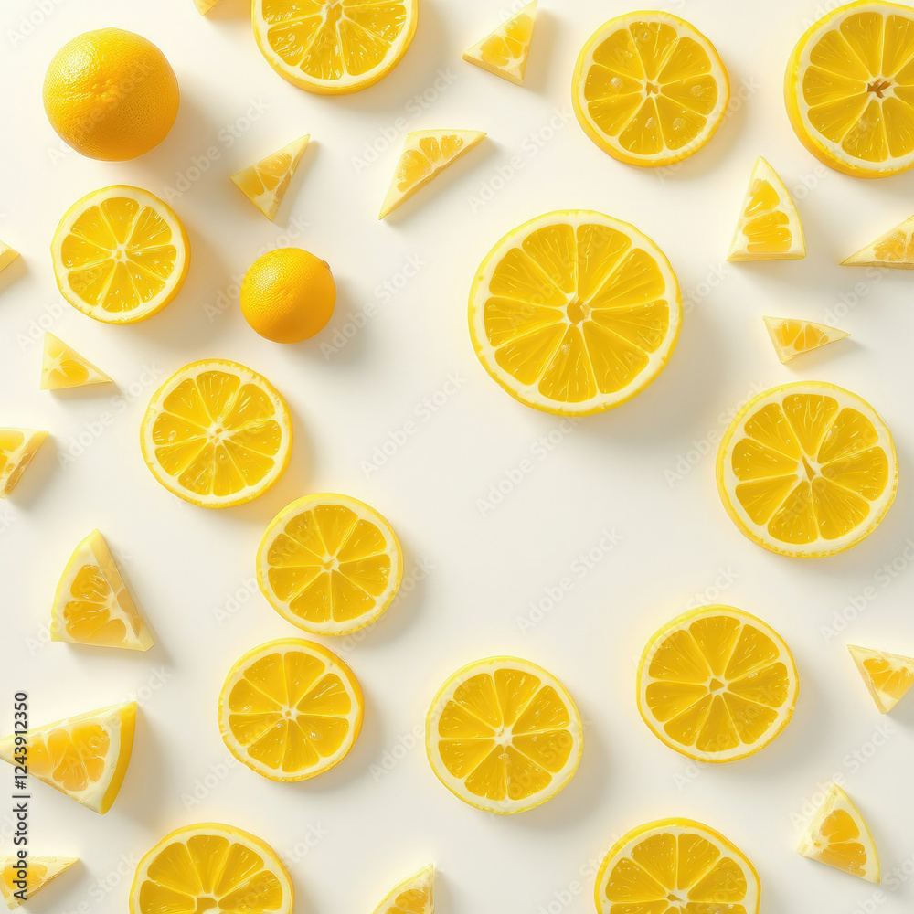 Whole lemon cut into various geometric shapes on a white background, fresh, lemon, abstract, vibrant
