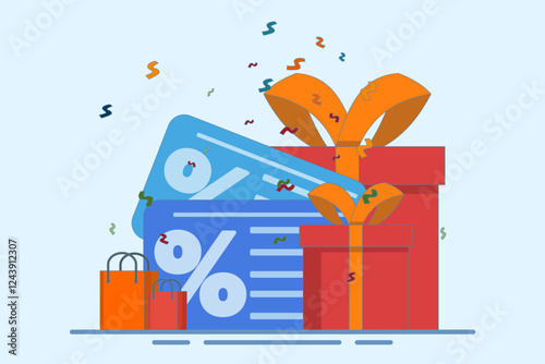 Cashback and customer loyalty program concept and shopping discount vouchers. Get online rewards and awards. Get rewards, discounts, cashback for shopping. Online awards. Flat illustration.