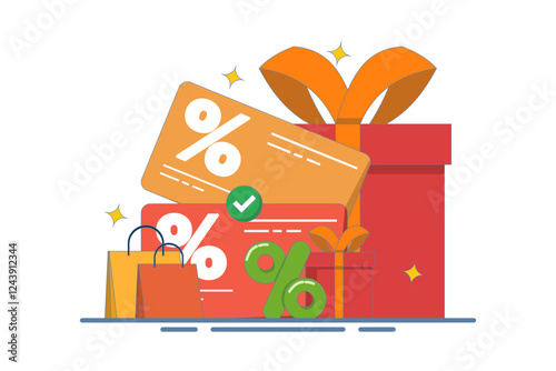 Cashback and customer loyalty program concept and shopping discount vouchers. Get online rewards and awards. Get rewards, discounts, cashback for shopping. Online awards. Flat illustration.