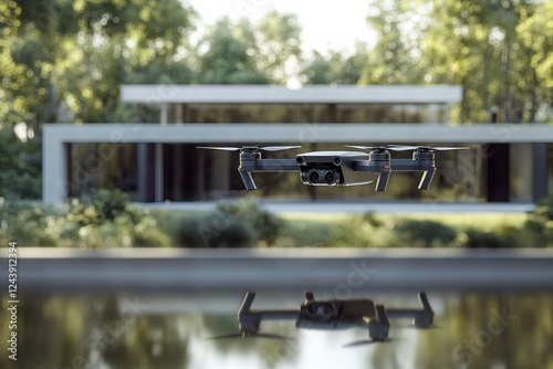 Wallpaper Mural Modern Drone Flying Above a Reflective Water Surface in Front of a Minimalist Architectural Home Torontodigital.ca