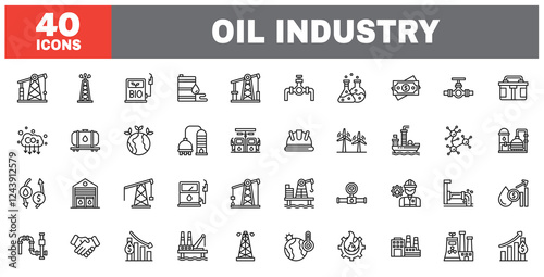 Set of 40 line icons oil industry. Outline icon collection. Editable stroke. Vector illustration.
