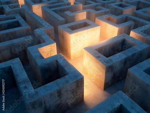 The Path to Enlightenment: An abstract maze of concrete walls, a single pathway illuminated by a soft golden light symbolizing the search for truth, the pursuit of knowledge.
