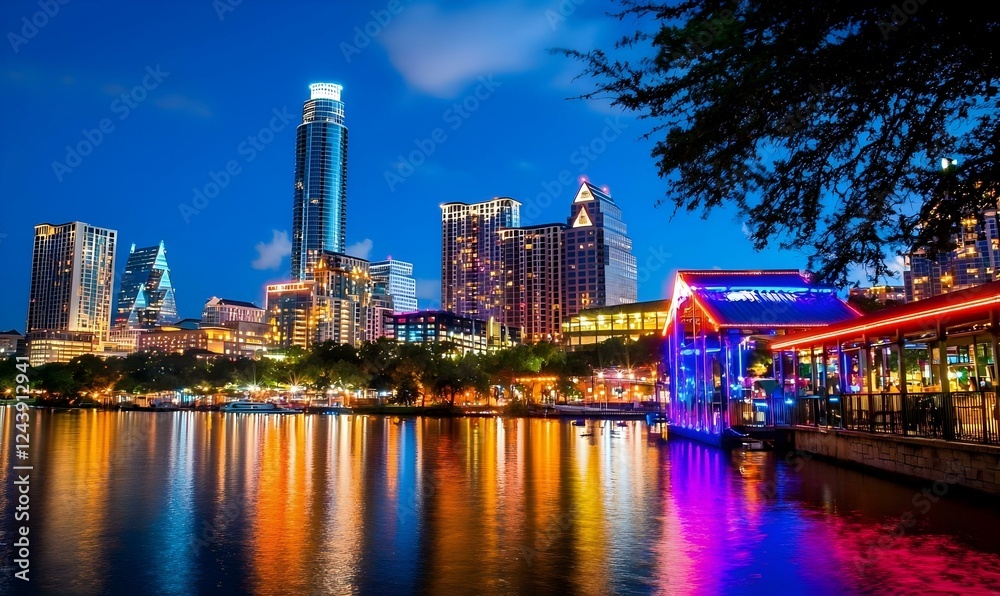 Naklejka premium Vibrant Night Cityscape with Colorful Reflections on Water
