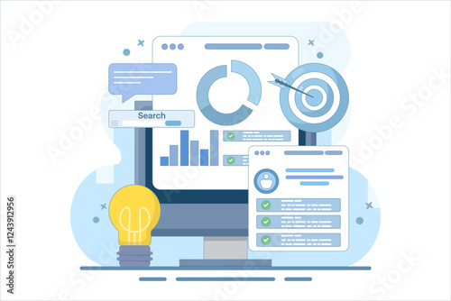 Project initiation concept. Project management, life cycle. Data analysis tasks. Business analysis. Project implementation provisions. Preparing documentation. Flat vector illustration on background.