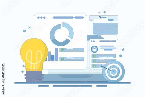 Project initiation concept. Project management, life cycle. Data analysis tasks. Business analysis. Project implementation provisions. Preparing documentation. Flat vector illustration on background.