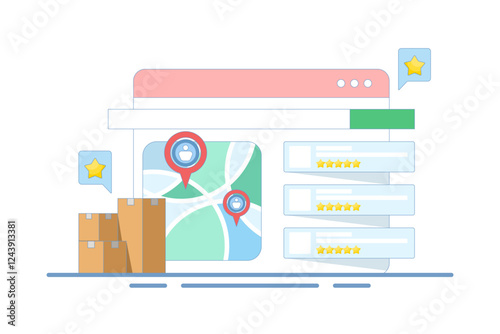 Customer Concept sharing feedback and reviews for search engine business listing, SEO business listing, SEO reviews. Vector illustration on background with icons.