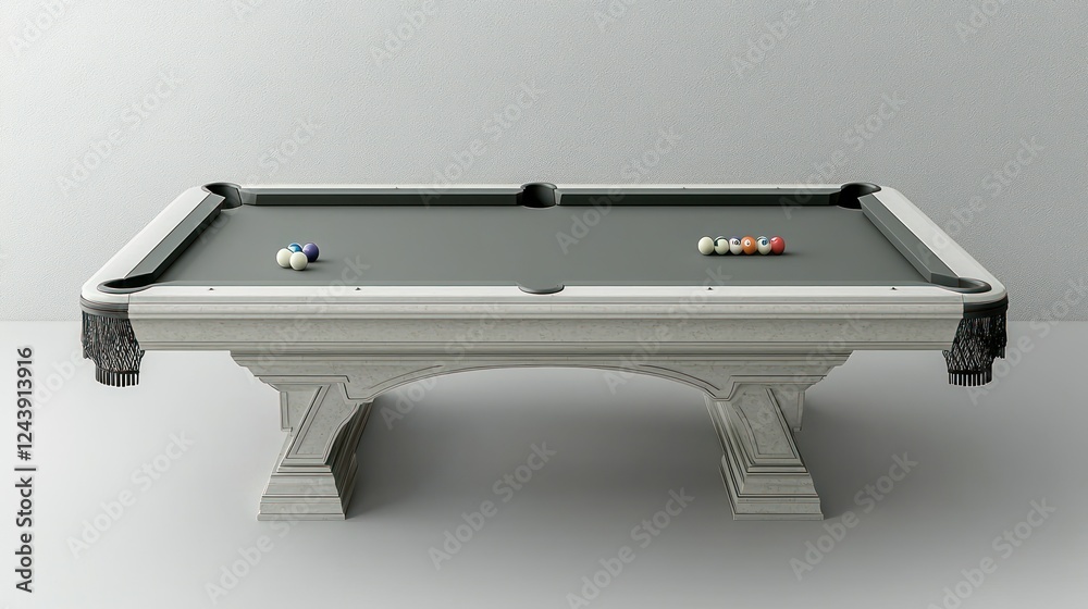 Elegant, light gray pool table with balls set up for game, neutral background Elegant, light gray pool table with balls set up for game, neutral background