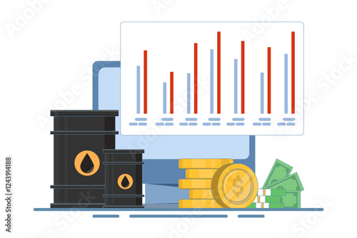 Global oil barrel trading market concept, Oil barrel with gold coins, computer screen on isolated background, digital marketing. Flat design illustration on background.