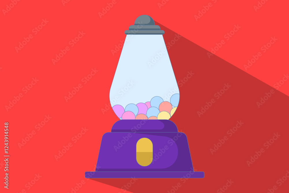 Concept of gum vending machine casting long shadow. Gum machine. Gum machine shaped like cartoon gum dispenser. Flat vector illustration on background.