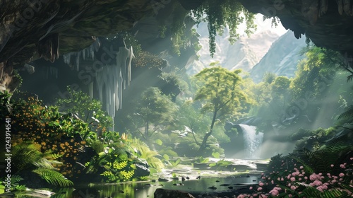 epic fantasy alien jungle cave entrance waterfalls lush greenery concept art
