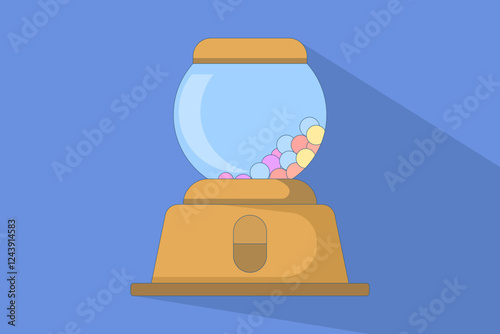 Concept of gum vending machine casting long shadow. Gum machine. Gum machine shaped like cartoon gum dispenser. Flat vector illustration on background.