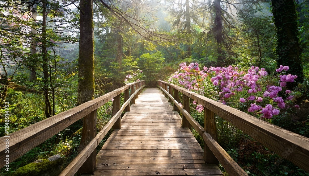 Fototapeta premium wooden bridge in the forest with flowers and trees