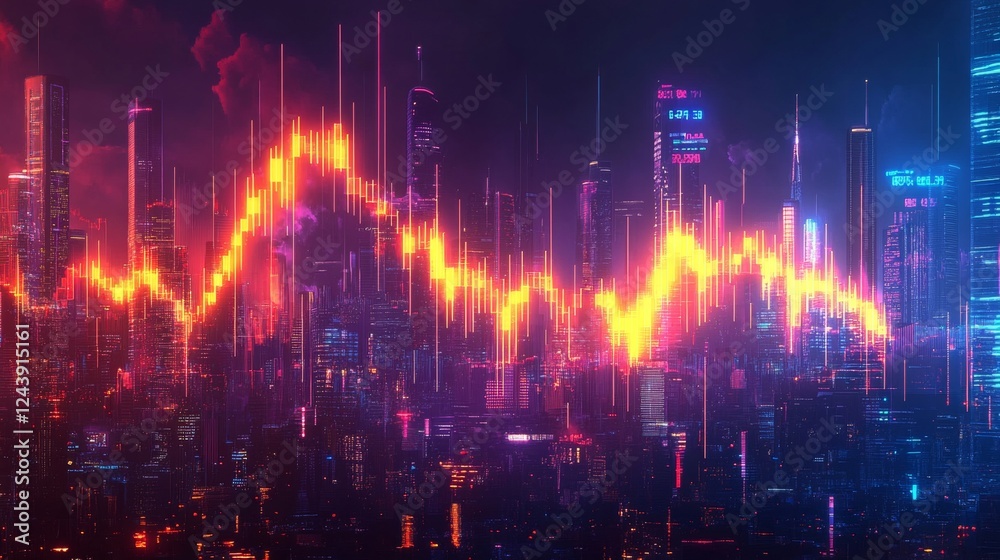 Vibrant Neon Stock Market Chart with Candle Graph Overlaid on a Futuristic City Skyline Vibrant Neon Stock Market Chart with Candle Graph Overlaid on a Futuristic City Skyline