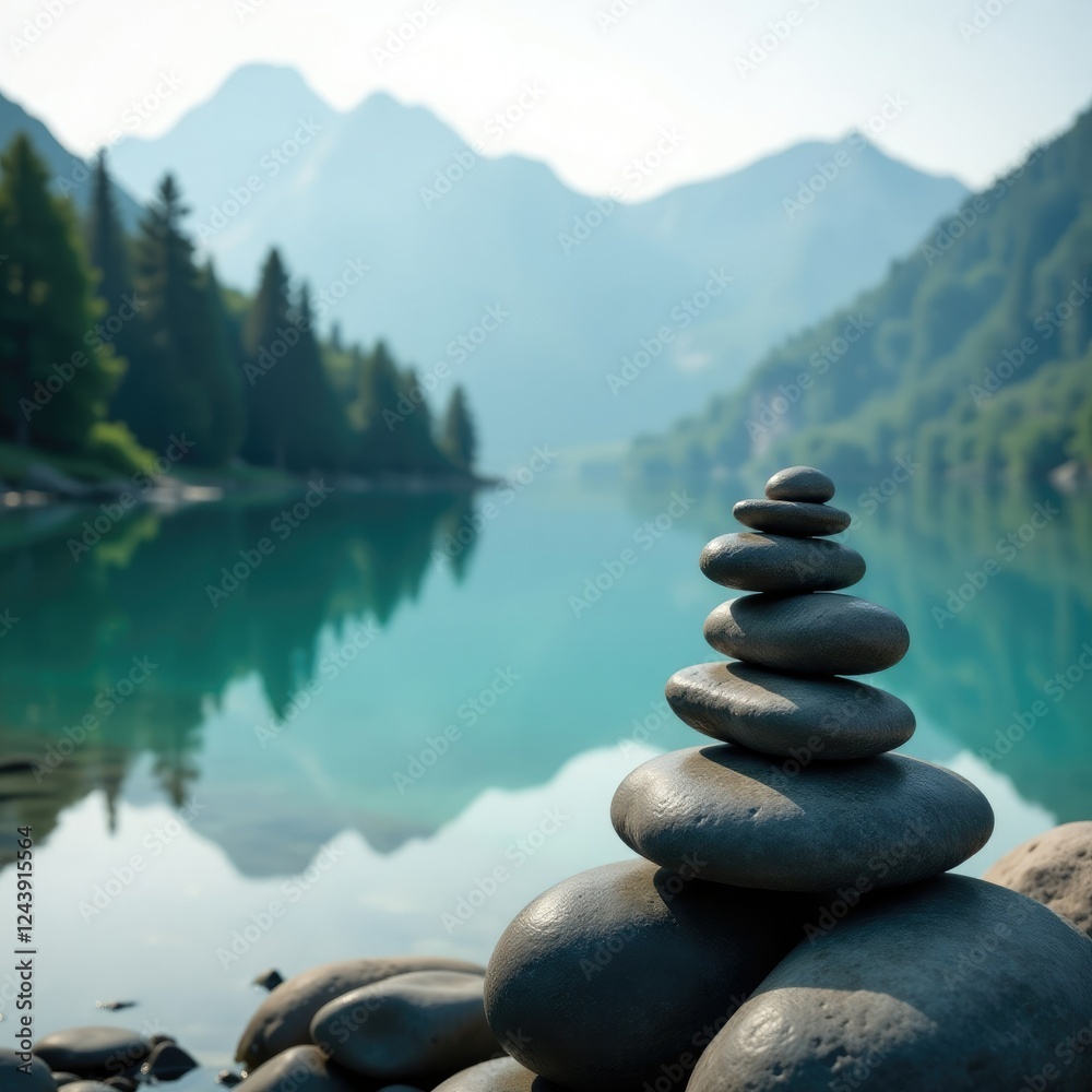 Zen stones balanced perfectly on a gentle hillside by a peaceful lake, zen, mountain Zen stones balanced perfectly on a gentle hillside by a peaceful lake, zen, mountain