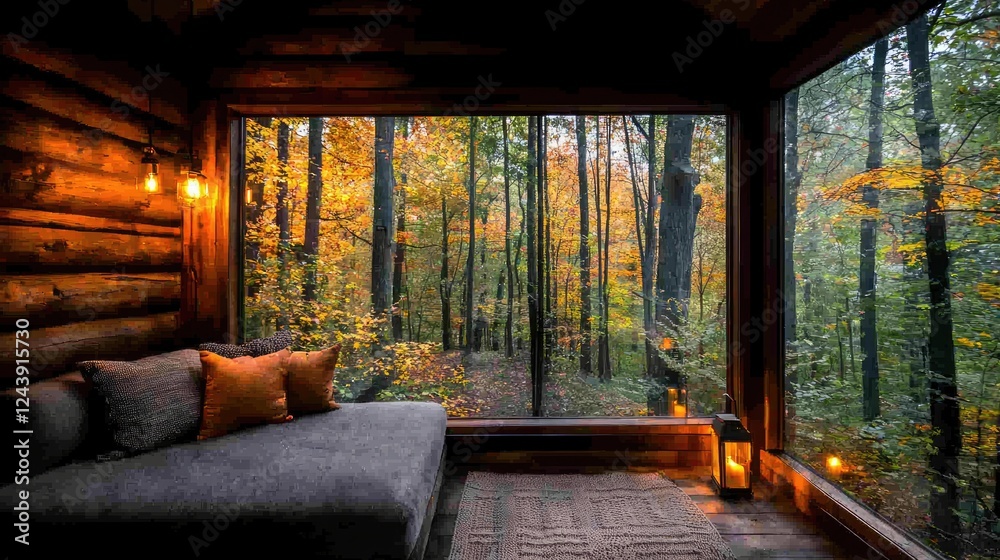 Naklejka premium Cozy log cabin autumn forest view, relaxing interior